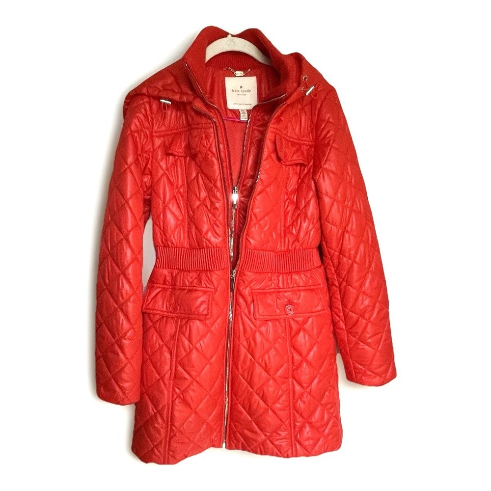 Kate Spade Puffer Coat Red Diamond Quilted Puffer Jacket Coat Women's Small